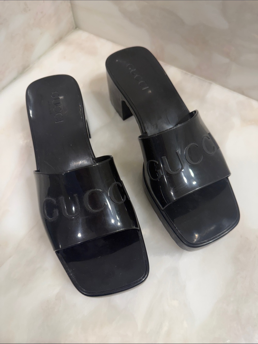 Gucci Black Patent Slide Mule Heels with Embossed Logo
